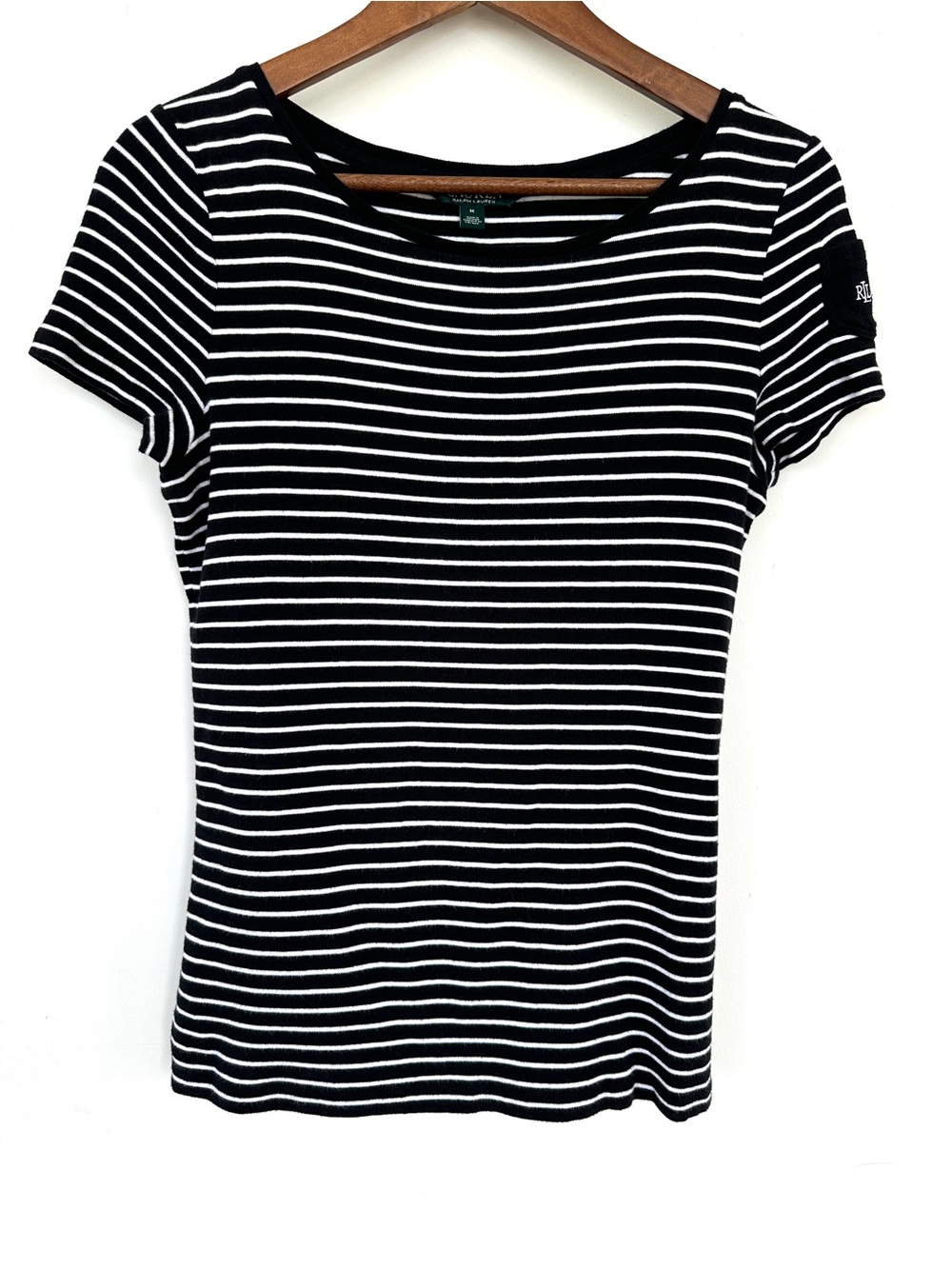 Lauren Ralph Lauren Striped Black & White Boat Neck Women's Top, Cotton Knit